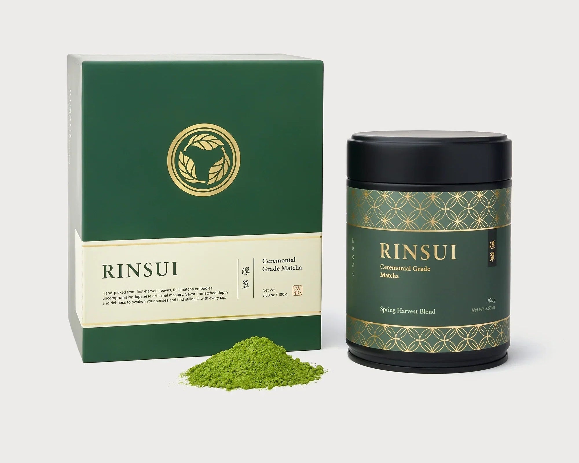 RINSUI Spring Harvest Blend japanese ceremonial grade organic matcha with delicate floral and seaweed notes from Miyazaki first flush spring harvest 100g